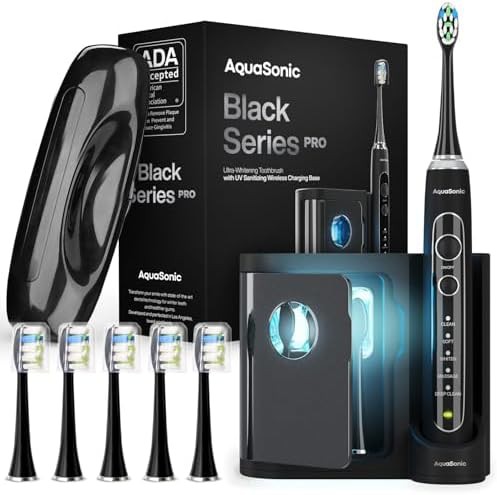Black pro toothbrush with UV sanitizing base