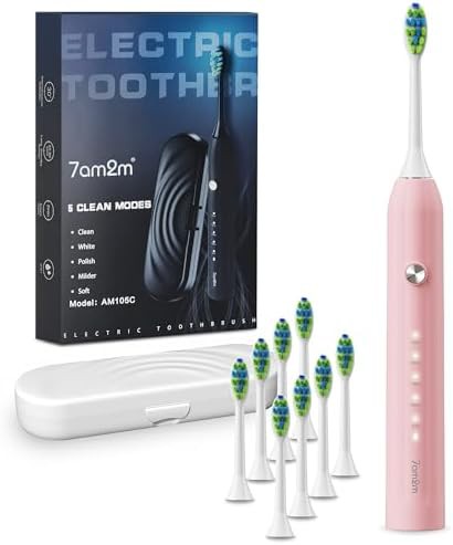 Pink sonic toothbrush with eight heads and case