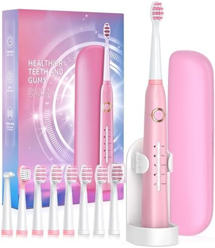 Pink sonic electric toothbrush with travel case