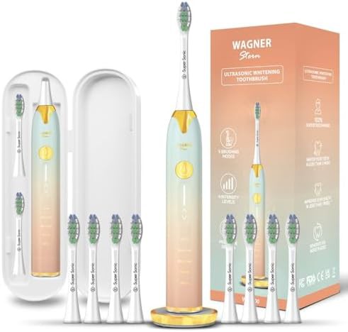 Peach and blue battery powered toothbrush