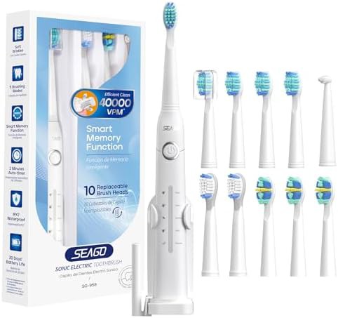 White rechargeable toothbrush with ten heads