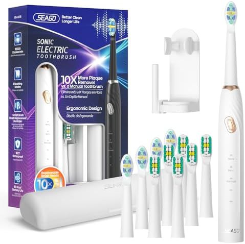 White ultrasonic toothbrush with ten heads