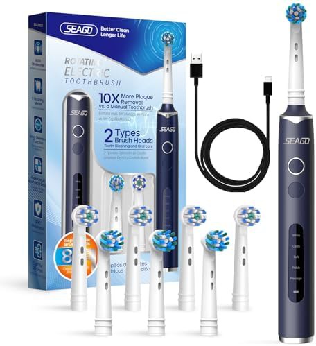 Blue rotating electric toothbrush with eight heads