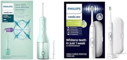 White toothbrush and cordless power flosser set