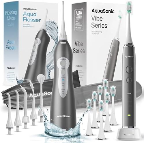 Charcoal metallic toothbrush and water flosser set