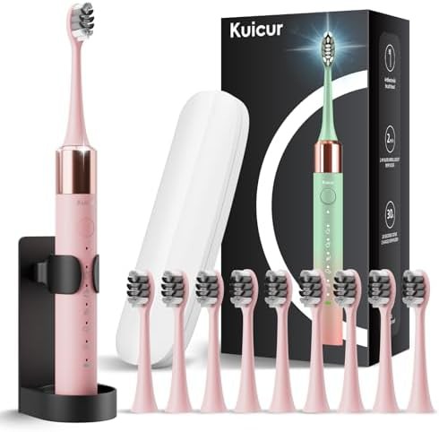 Pink sonic toothbrush with integrated tongue scraper