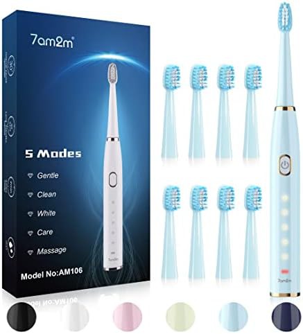 Blue sonic toothbrush with eight brush heads