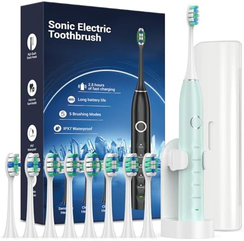 Green S5 sonic toothbrush with eight heads