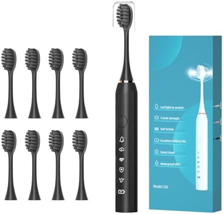 Black sonic toothbrush with eight brush heads