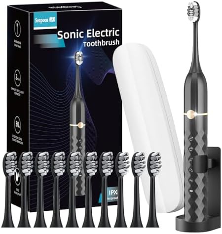 Black sonic toothbrush with ten brush heads
