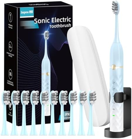 Blue and white sonic toothbrush set