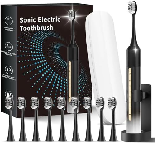 Sonic toothbrush with ten black and white heads