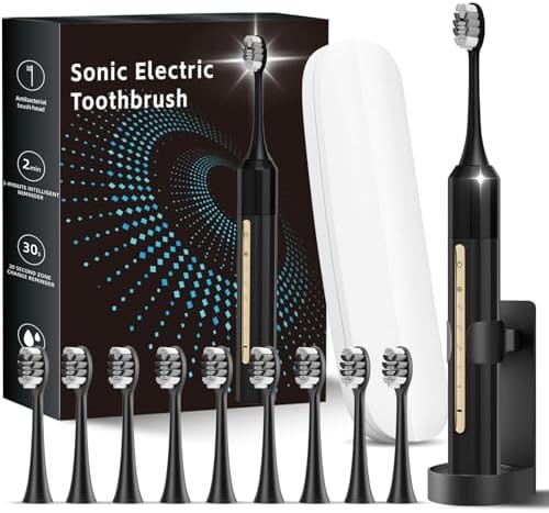 Black sonic toothbrush with ten heads