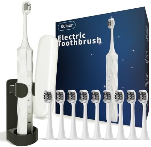 White diamond style sonic toothbrush with ten heads