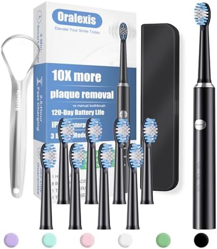 Black sonic toothbrush with integrated tongue scraper