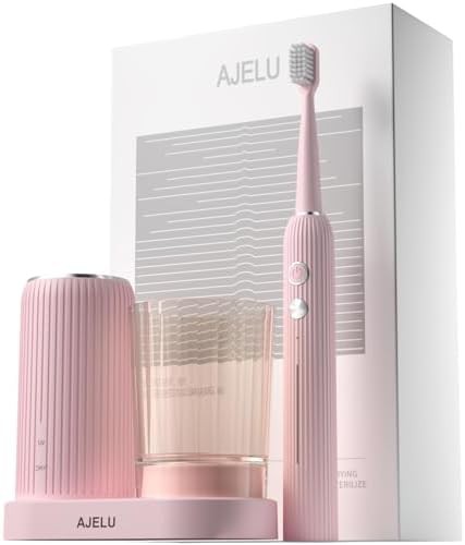 Soft pink sonic toothbrush with drying holder
