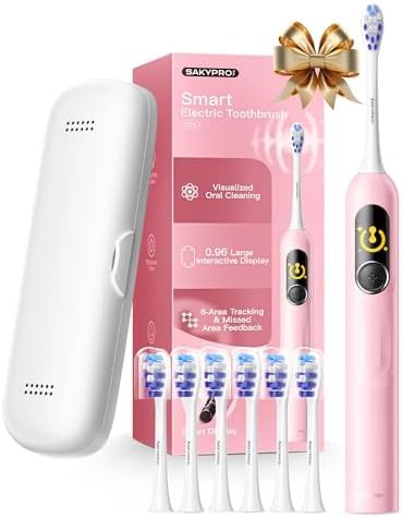 Pink electric toothbrush with six heads