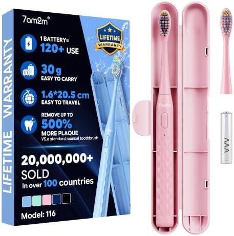 Pink battery powered travel sonic toothbrush