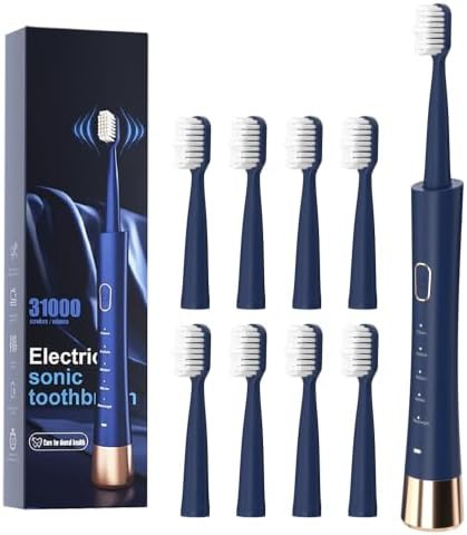 White waterproof sonic toothbrush with eight heads